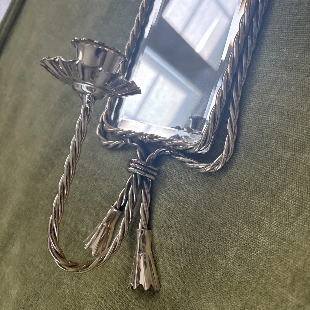 Vtg Hollywood Regency Brass Beveled Mirror Twisted Rope Wall Candle Sconce 17.5